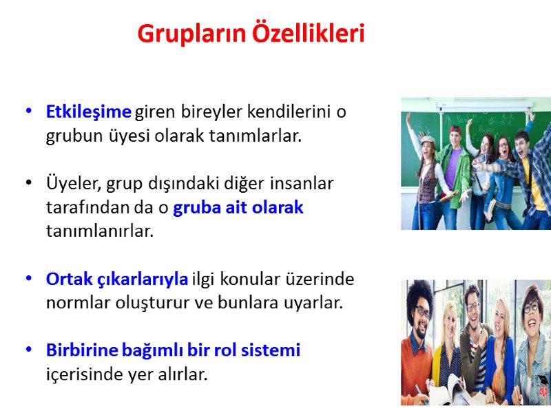 Grupların Özellikleri Etkileşime giren bireyler kendilerini o grubun üyesi olarak tanımlarlar.  Üyeler, grup